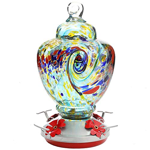 Hummingbird Feeder,Glass Bird Feeder with Color Hand Blown Glass,Leakproof 32 Ounces Nectar Capacity Hummingbird Feeders, Garden Bird Feeders Easy to Clean & Filling,Hanging Hook&Ant Moat