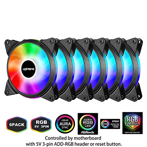 upHere 5V 6-Pack 120mm Silent Intelligent Control 5V Addressable RGB Fan Motherboard Sync, Adjustable Colorful Fans with Controller T3SYC3-6