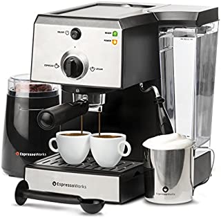 Espresso Machine & Cappuccino Maker with Milk Steamer- 15 Bar Pump, 7 Pc All-In-One Barista Bundle Set w/ Built-in Frother (Inc: Coffee Bean Grinder, Milk Frothing Cup, Tamper & 2 Cups), 1350W (Silver)