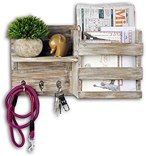 Spiretro Wall Mount Entryway Mail Envelope Organizer, Key Holder Hooks, Leash Hanging, Coat Rack, Letter & Newspaper Storage, Ornament Home Decorative Floating Shelf, Country Rustic Torched Wood-Grey