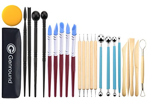 Polymer Clay Tools, Genround 25pcs Modeling Clay Sculpting Tools, 5 Dotting Tools, 5 Rubber Tip Pens, 4 Ball Stylus, 4 Modeling Pottery Tools, 5 Clay Carving Tools, Sponge and Storage Bag