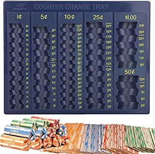 Coin Counter Sorter Money Tray - Blundle with 64 Coin Roll Wrappers  6 Compartment Change Organizer and Holder -Blue Color- Ideal for Bank, Business or Home Use