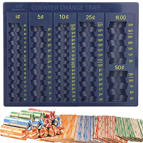 Coin Counter Sorter Money Tray - Blundle with 64 Coin Roll Wrappers  6 Compartment Change Organizer and Holder -Blue Color- Ideal for Bank, Business or Home Use