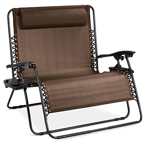 Best Choice Products 2-Person Double Wide Adjustable Folding Steel Mesh Zero Gravity Lounge Recliner Chair for Patio, Lawn, Balcony, Backyard, Beach, Outdoor Sports w/Cup Holders - Brown