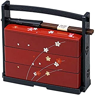 JapanBargain 1950, Japanese Lunch Bento Box Three Tiers with Chopsticks Traditional Plastic Lacquered Sakura Cherry Blossom Pattern Made in Japan