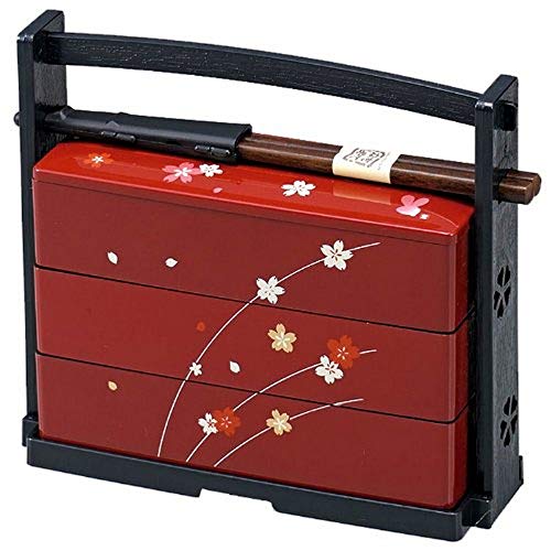 JapanBargain 1950, Japanese Lunch Bento Box Three Tiers with Chopsticks Traditional Plastic Lacquered Sakura Cherry Blossom Pattern Made in Japan