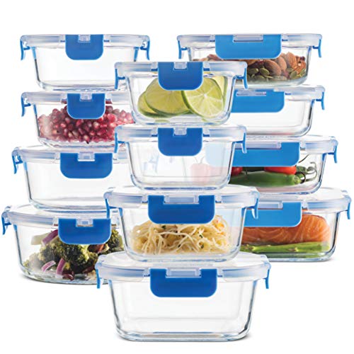 24-Piece Superior Glass Food Storage Containers Set - Newly Innovated Hinged BPA-free Locking lids - 100% Leak Proof Glass Meal Prep Containers, Great on-the-go & Freezer to Oven Safe Food Containers