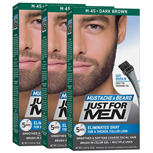 Just For Men Mustache and Beard, Beard Coloring for Gray Hair with Brush Included - Color: Dark Brown, M-45 (Pack of 3)