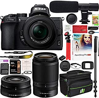 Nikon Z50 Mirrorless Camera Body 4K UHD DX-Format 2 Lens Kit NIKKOR Z DX 16-50mm F/3.5-6.3 VR + Z DX 50-250mm F/4.5-6.3 VR Bundle with Deco Gear Case + Microphone + Monopod + 64GB Card & Accessories