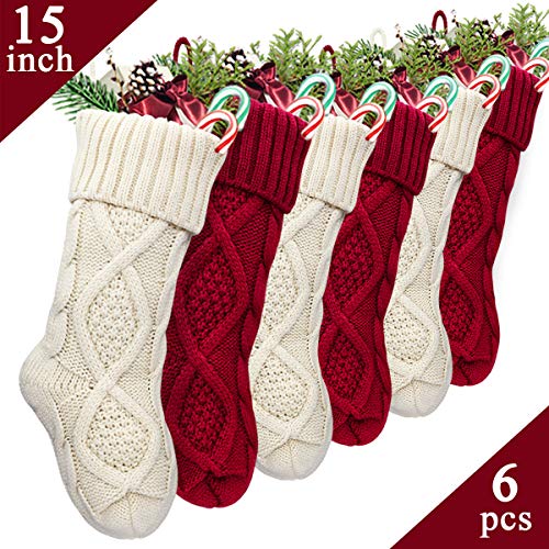 LimBridge Christmas Stockings, 6 Pack 15 inches Small Size Cable Knit Knitted Xmas Rustic Personalized Stocking Decorations for Family Holiday Season Decor, Cream or Burgundy