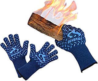 BlueFire Gloves BBQ Grill Firepit Oven Mitts Heat Resistant 932 Degrees F Lab Certified Professional Grade Kevlar (X-Large, Blue)