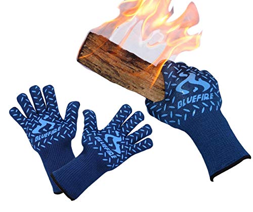 BlueFire Gloves BBQ Grill Firepit Oven Mitts Heat Resistant 932 Degrees F Lab Certified Professional Grade Kevlar (X-Large, Blue)