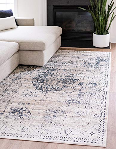 Unique Loom Chateau Collection Distressed Vintage Traditional Textured Rug_VIL002, 10 Feet x 14 Feet 5 Inch, Beige/Navy Blue