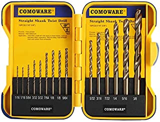 COMOWARE Cobalt Drill Bit Set- 15Pcs M35 High Speed Steel Twist Jobber Length for Hardened Metal, Stainless Steel, Cast Iron and Wood Plastic with Indexed Storage Case, 1/16