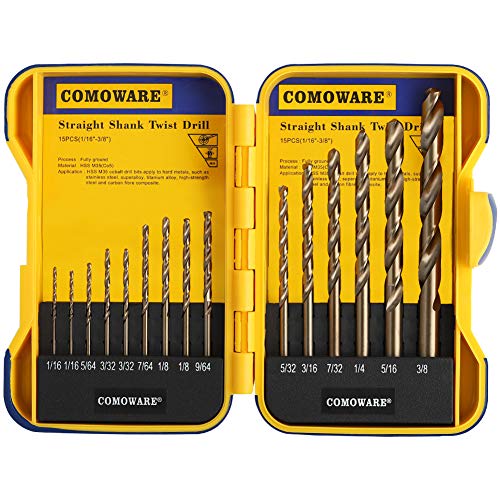 COMOWARE Cobalt Drill Bit Set- 15Pcs M35 High Speed Steel Twist Jobber Length for Hardened Metal, Stainless Steel, Cast Iron and Wood Plastic with Indexed Storage Case, 1/16