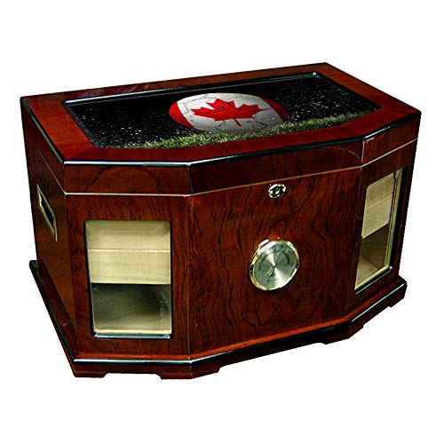 Large Premium Desktop Humidor - Glass Top - Flag of Canada (Canadian) - Soccer Design - 300 Cigar Capacity - Cedar Lined with Two humidifiers & Large Front Mounted Hygrometer.