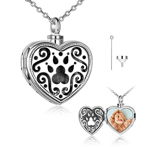 WINNICACA 2 in 1 Functional Cremation Jewelry for Ashes S925 Sterling Silver Pet Paw Urn Locket Necklace -Heart Photo Locket That Hold Pictures - Engraved'Always in my heart' Keepsake Necklace Christmas Gift for Women