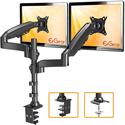 ErGear 17-32 Dual Monitor Desk Mount Stand Kit, Full Motion Gas Spring Arms with Clamp On/Grommet Mounting Base, Holds Two Computer Screens up to 19.84 lbs/Arm with 75/100mm VESA, Black