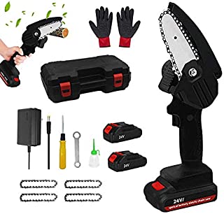 Mini Chainsaw Set Cordless Electric Protable Chainsaw with 4 Chain and Splash Board 0.7kg Lightweight Pruning Shears Chainsaw for Garden Tree Branch Wood Cutting(4-Inch 24V 550W),Mini Chainsaw black