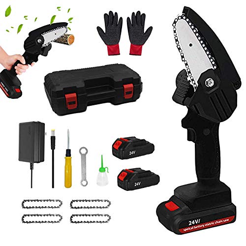 Mini Chainsaw Set Cordless Electric Protable Chainsaw with 4 Chain and Splash Board 0.7kg Lightweight Pruning Shears Chainsaw for Garden Tree Branch Wood Cutting(4-Inch 24V 550W),Mini Chainsaw black