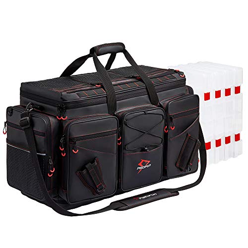 Piscifun Travel Pro Fishing Tackle Bag with 4 Trays Large Water-Resistant Fishing Tray Bags Outdoor Fishing Tackle Storage Bag with 3700 Tackle Boxes XL