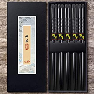 Omia 5 Pairs Premium Reusable Chopsticks Set - Natural Wood Japanese Chopsticks, Lightweight Easy to Use Chop Sticks with Case for Sushi, Noodles and Other Asian Food (Dark Wood)