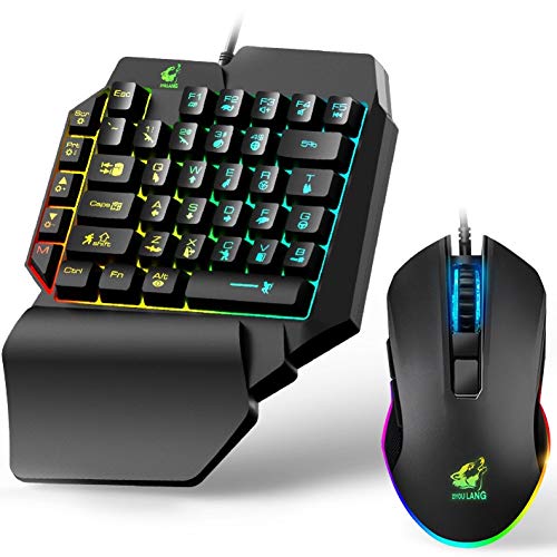 One Hand Gaming Keyboard and Mouse Combo, 39 Keys PUBG Keycap Version Wired Mechanical Feel Rainbow Backlit Half Keyboard, Support Wrist rest, USB Wired Gaming Mouse for Gaming