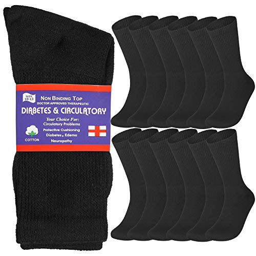 Special Essentials 12 Pairs Physicians Approved Diabetic Crew Socks Unisex Black Grey White (Black, 13-15)