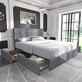 Allewie Queen Platform Bed Frame with 4 Drawers Storage and Headboard/Square Stitched Button Tufted Upholstered Mattress Foundation with Wooden Slats, Light Grey