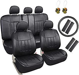 Leader Accessories 17pcs Black Faux Leather Car Seat Covers Full Set Front + Rear with Airbag Universal Fits for Trucks SUV Included Steering Wheel Cover/Seat Belt Covers