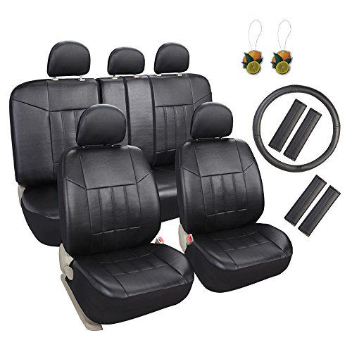 Leader Accessories 17pcs Black Faux Leather Car Seat Covers Full Set Front + Rear with Airbag Universal Fits for Trucks SUV Included Steering Wheel Cover/Seat Belt Covers