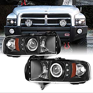 For Dodge Ram 1500/2500/3500 Pickup Black Dual Halo Ring LED Projector Replacement Headlights Left/Right