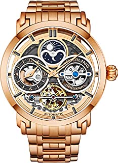 Stührling Original Mens Watch Stainless Steel Automatic, Rose Gold Skeleton Dial, Dual Time, AM/PM Sun Moon, Stainless Steel Bracelet, 371B Watches for Men Series