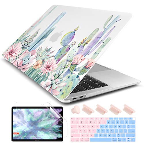 Dongke New MacBook Air 13 Inch Case 2020 2019 2018 Release Model: A2179/A1932 Frosted Rubberized Matte Hard Shell Cover for MacBook Air 13 with Retina Display and Touch ID - Watercolor Cactus