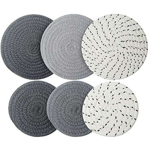 6 Pieces Pot Trivets Large Braided Woven Trivet Coaster, 7 Inch and 4.7 Inch Cotton Thread Weave Cup Coaster Hot Pot Dish Trivet Pad Mat for Kitchen Cooking Supplies (Gray, Dark Gray, White Gray)