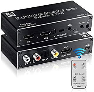 HDMI Switch Audio Extractor, avedio links HDMI Switch 2 in 1 Out 4K@60hz, 2-Port HDMI2.0b Selector Switcher with Optical Toslink SPDIF+Coaxial+Analog RCA Stereo Audio Out,Support ARC, HDCP 2.2