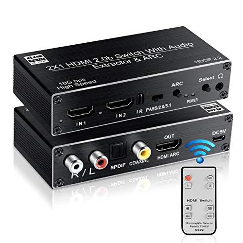 HDMI Switch Audio Extractor, avedio links HDMI Switch 2 in 1 Out 4K@60hz, 2-Port HDMI2.0b Selector Switcher with Optical Toslink SPDIF+Coaxial+Analog RCA Stereo Audio Out,Support ARC, HDCP 2.2