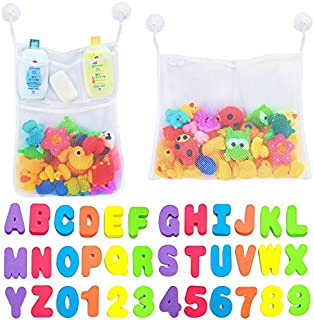 Comfylife 2 x Mesh Bath Toy Organizer + 6 Ultra Strong Hooks + 36 Bath Letters & Numbers  Eco-Safe, Fun, Educational Foam Baby Bath Letters and Perfect Toy Storage Net for Baby Bath Toys & More