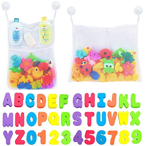 Comfylife 2 x Mesh Bath Toy Organizer + 6 Ultra Strong Hooks + 36 Bath Letters & Numbers  Eco-Safe, Fun, Educational Foam Baby Bath Letters and Perfect Toy Storage Net for Baby Bath Toys & More