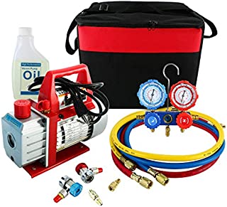 YaeKoo 110V 3CFM 1/4HP Single Stage Rotary Vance Air Vacuum Pump HVAC A/C Refrigeration Kit AC Manifold Gauge Set R134A R12 R22 R404A R410A with Carrying Bag/Tote