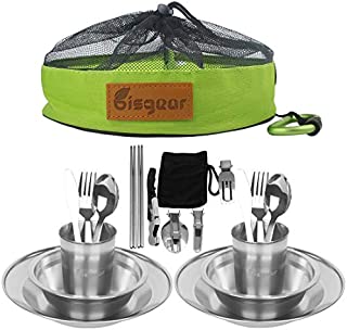 Bisgear 20pcs Stainless Steel Tableware Mess Kit Includes Plate Bowl Cup Spoon Fork Knife Chopsticks Carabiner Wine Opener Dishcloth & Mesh Travel Bag for Camping Backpacking & Hiking for 2 Person