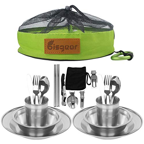 Bisgear 20pcs Stainless Steel Tableware Mess Kit Includes Plate Bowl Cup Spoon Fork Knife Chopsticks Carabiner Wine Opener Dishcloth & Mesh Travel Bag for Camping Backpacking & Hiking for 2 Person