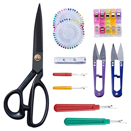 Heavy Duty Fabric Scissors, Professional Dressmaker Sewing Shears for Cutting Fabric and Leather, Black (9) - Gift Set Package, Include Thread Snips| Seam Rippers| Measuring Tap| Fabric Clips