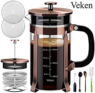 Veken French Press Coffee Maker (8 cups, 34 oz), 304 Stainless Steel Coffee Press with 4 Filter Screens, Durable Easy Clean Heat Resistant Borosilicate Glass - 100% BPA Free