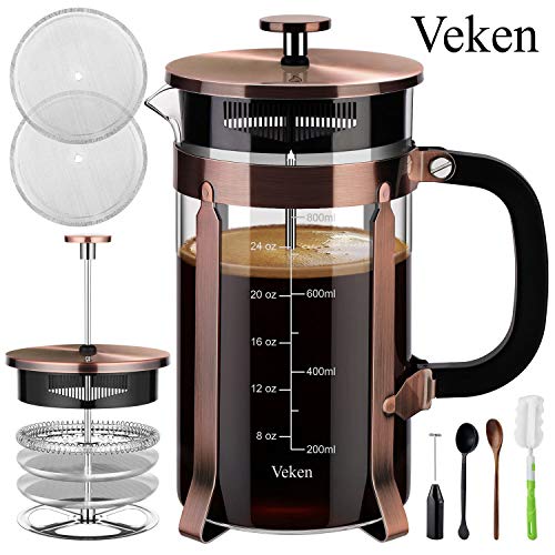 Veken French Press Coffee Maker (8 cups, 34 oz), 304 Stainless Steel Coffee Press with 4 Filter Screens, Durable Easy Clean Heat Resistant Borosilicate Glass - 100% BPA Free