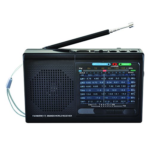 SuperSonic SC-1080BT 9-Band Bluetooth Enabled Radio - AM/FM Channels, Rechargeable Battery - Black