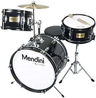 Mendini by Cecilio 16 inch 3-Piece Kids/Junior Drum Set with Adjustable Throne, Cymbal, Pedal & Drumsticks, Metallic Black, MJDS-3-BK