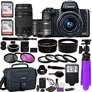 Canon EOS M50 Mirrorless Digital Camera (Black) Bundle w/Canon EF-M 15-45mm is STM & EF 75-300mm f/4-5.6 III Lenses + Auto (EF/EF-S to EF-M) Mount Adapter + Canon Gadget Case + Accessories