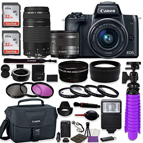 Canon EOS M50 Mirrorless Digital Camera (Black) Bundle w/Canon EF-M 15-45mm is STM & EF 75-300mm f/4-5.6 III Lenses + Auto (EF/EF-S to EF-M) Mount Adapter + Canon Gadget Case + Accessories