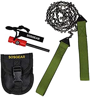 SOS Gear Pocket Chainsaw and Fire Starter - Survival Hand Saw, , Firestarter with Built in Compass & Whistle, Embroidered Pouch for Camping & Backpacking - Green Straps, 24